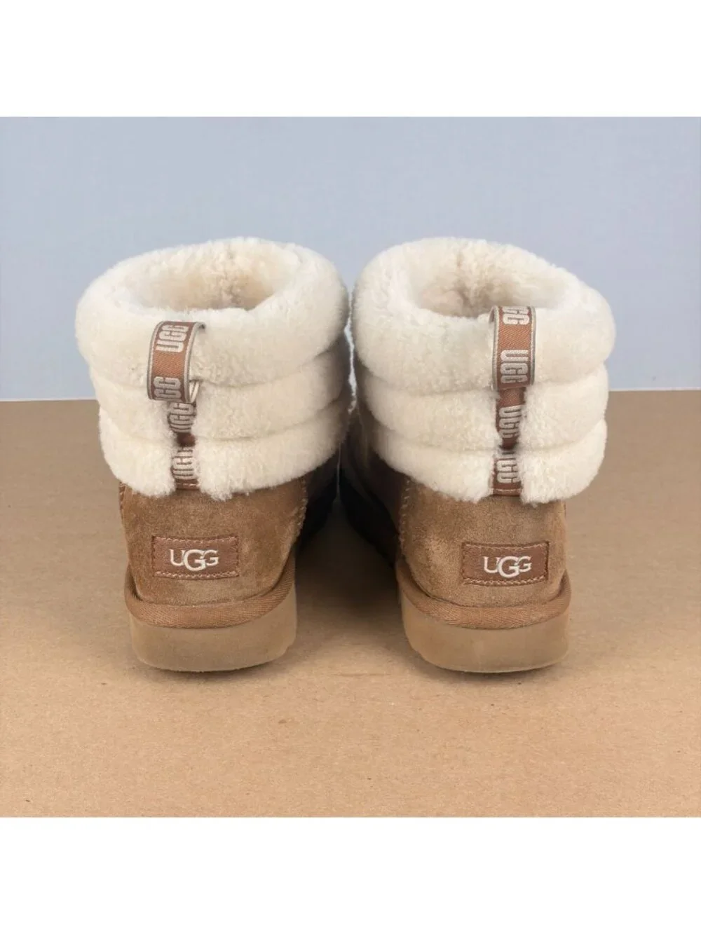 UGG Classic Mini Fluff Quilted Boot Womens 6 Tan Cream Pull On Casual